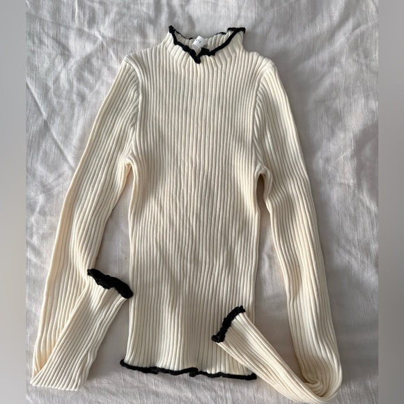 Altar'd State Tops - Altar’d State Ribbed Lettuce Edge Mock Neck Top Cream Black XS